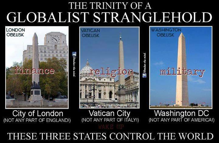 The City of London, Vatican City, and Washington D.C.control the world through finance, religion, and military power respectively