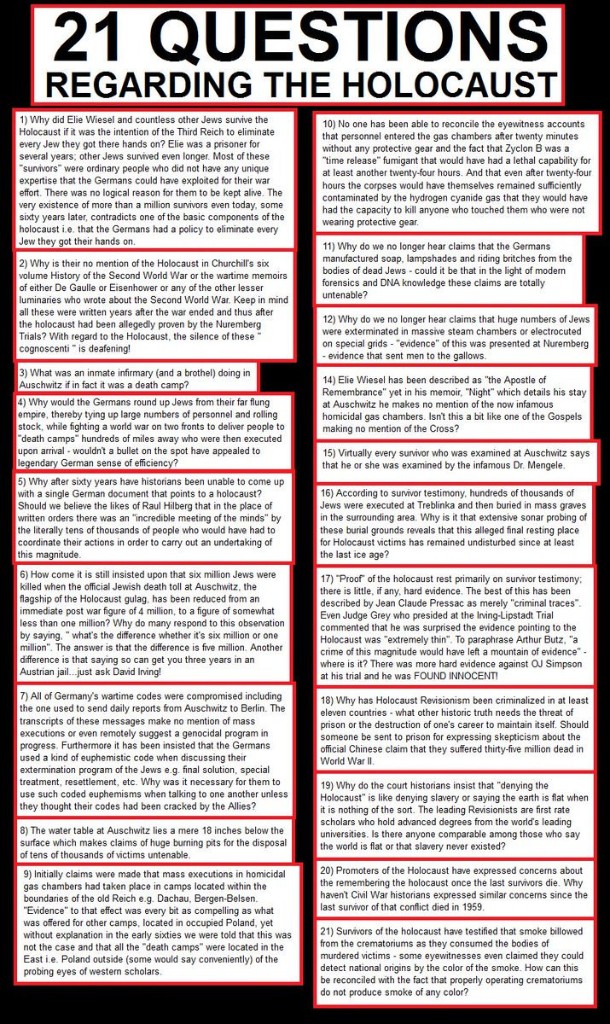 21 Questions Regarding the Holocaust — revisionist infographic