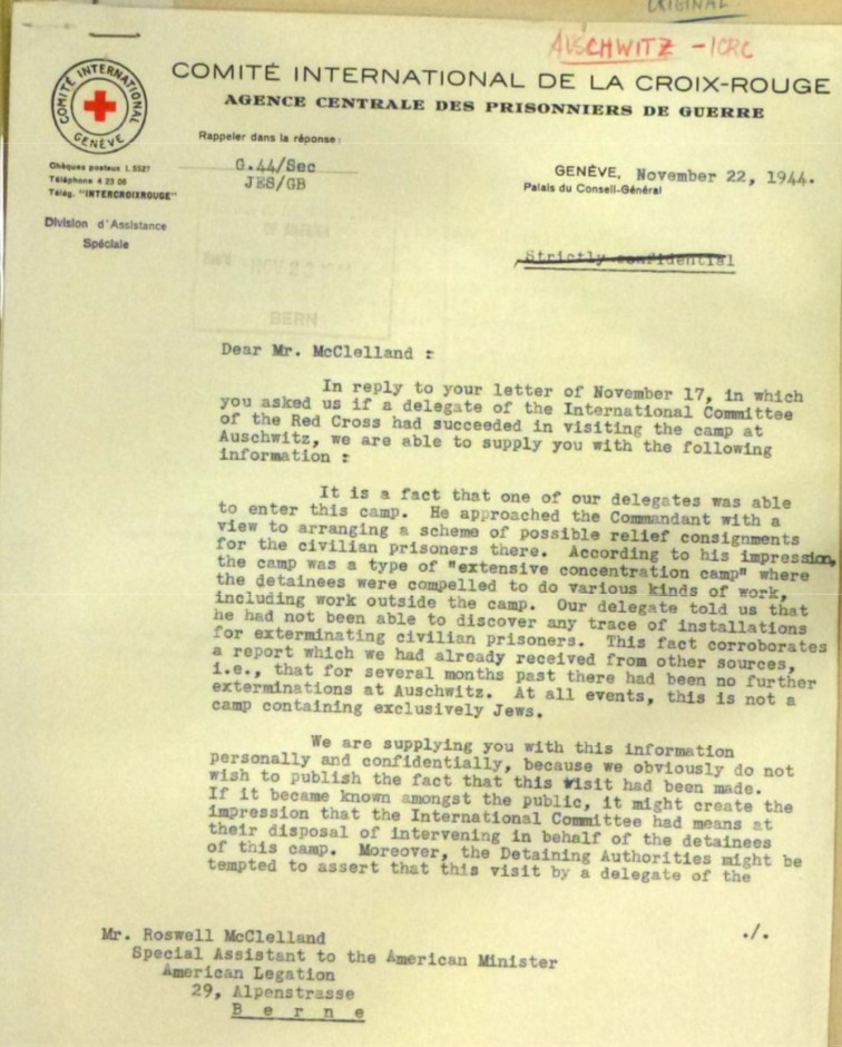 ICRC letter to McClelland — page 1, Auschwitz delegate report (Nov 1944)