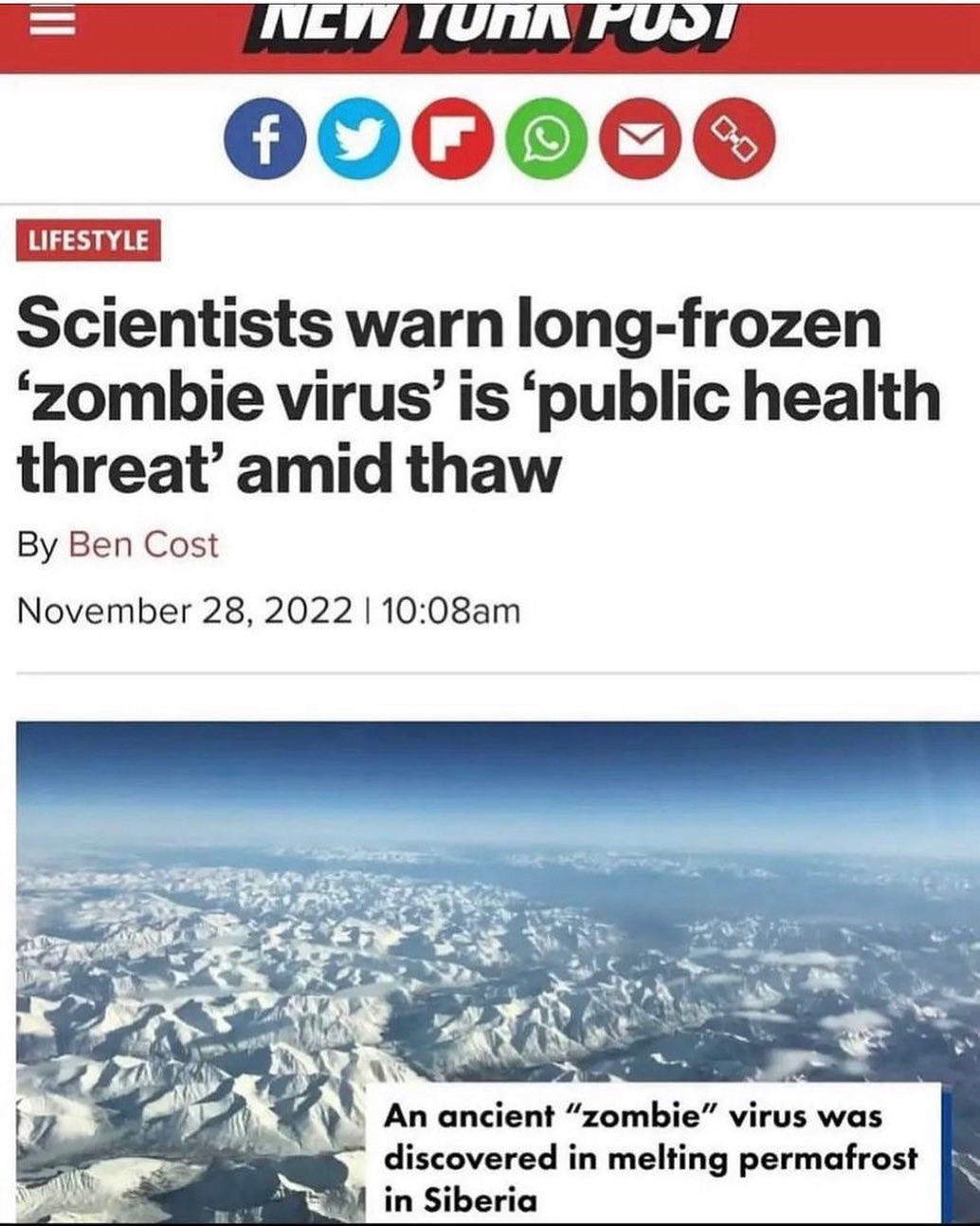 New York Post 2022 — scientists warn long-frozen zombie virus is public health threat amid permafrost thaw (press exhibit)