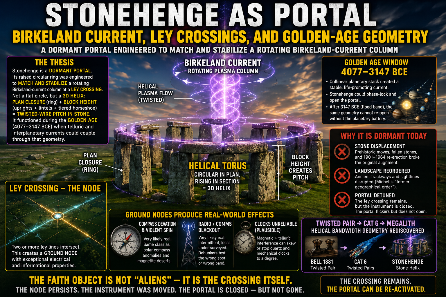 Stonehenge as a portal — Birkeland current stabilized by sacred geometry and ley lines