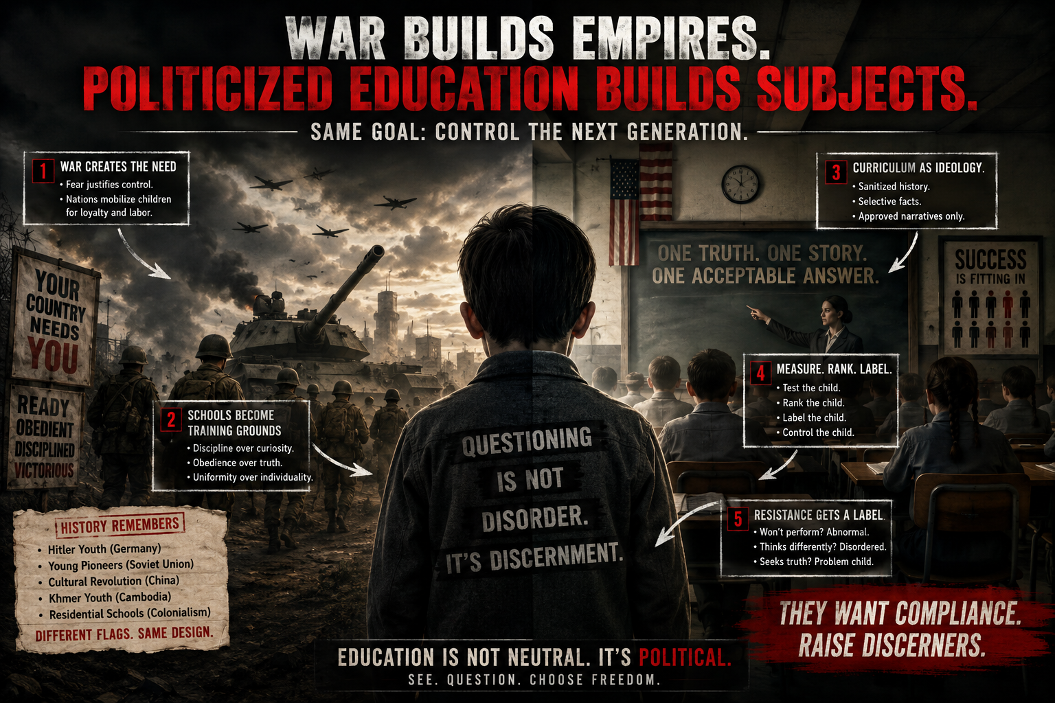 Mass schooling and warfare — collectivist grading, factory cohorts, fear-driven compliance