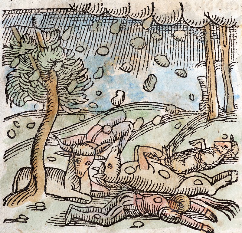 Woodcut with   early hand colouring from Conrad Lycosthenes’ (Chronicle of Prodigies and Omens) - ‘Prodigiorum ac Ostentorum Chronicon’Published Hendricus Petri, Basel, allegedly 1557. This image appears to show a shower of meteorites - Lycosthenes notesthey are  and not hail.