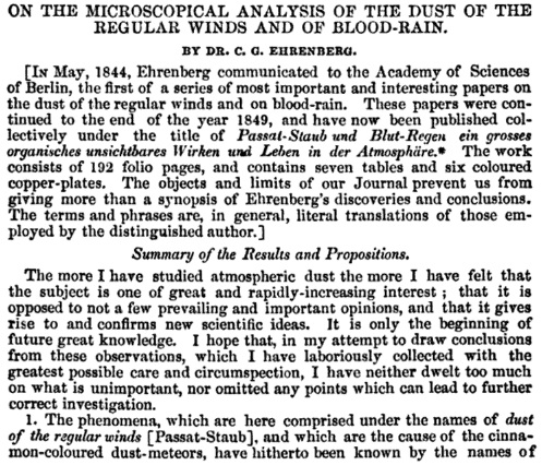 Ehrenberg’s 1844 paper discusses his findings on atmospheric dust and its connection to blood rain