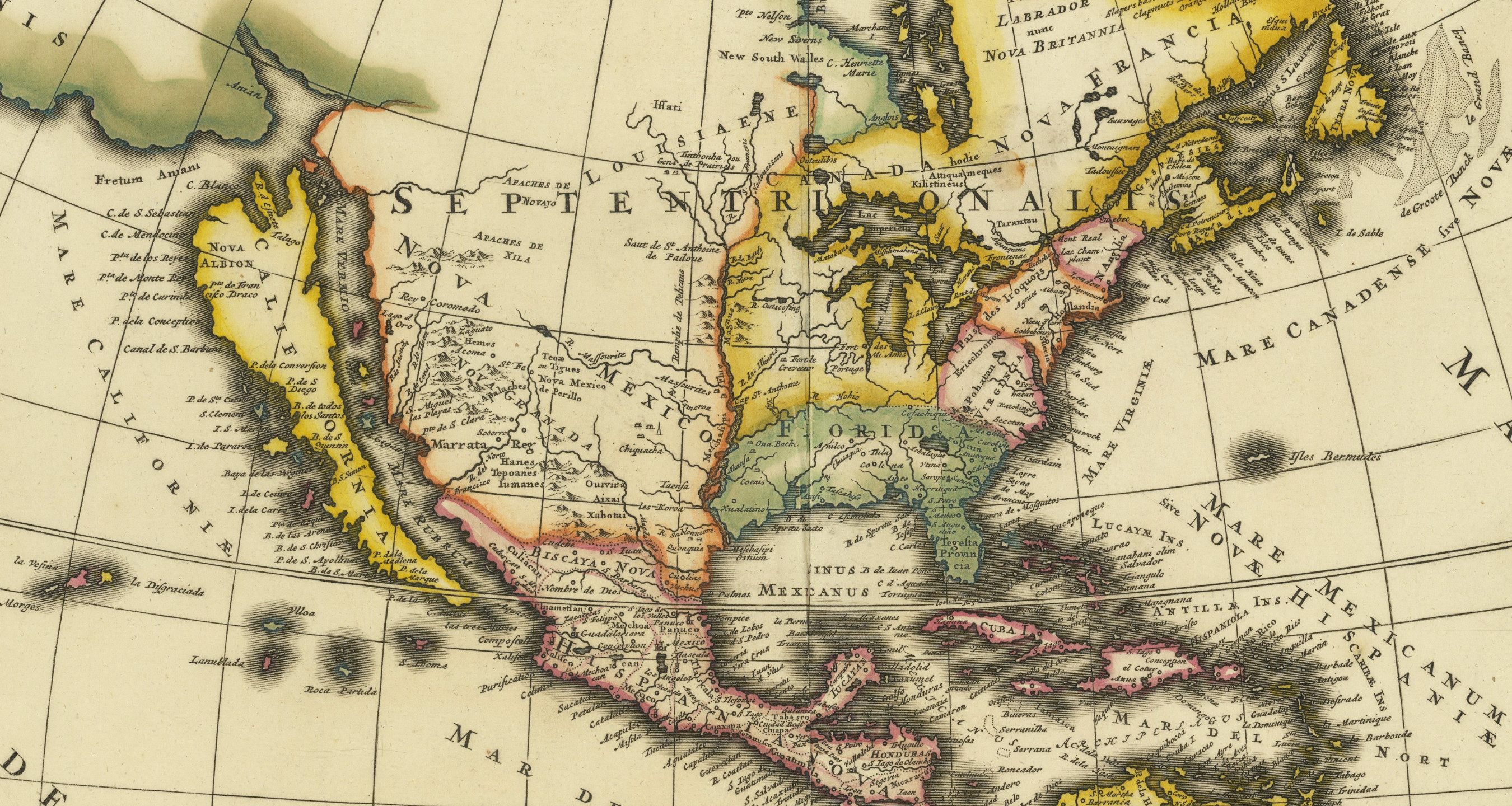 This is a map of North America from the 1700s.It shows the various colonies that existed at the time, as well as the  of Californiaand no sign of the Grand Canyon, or Colorado River or Rockies