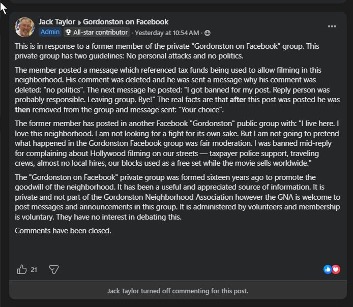 Jack Taylor admin statement — Gordonston on Facebook, May 2026