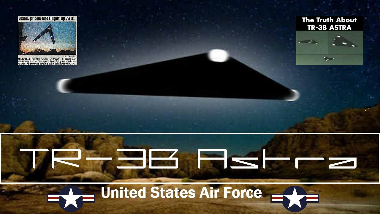 TR-3B disclosure collage — USAF wordmark, Phoenix Lights press inset, and “TR-3B Astra” render (not an official release)