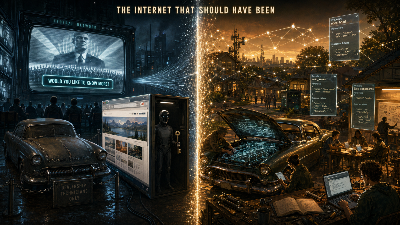 The Internet That Should Have Been — workshop vs TV channel, sealed hood vs open mesh